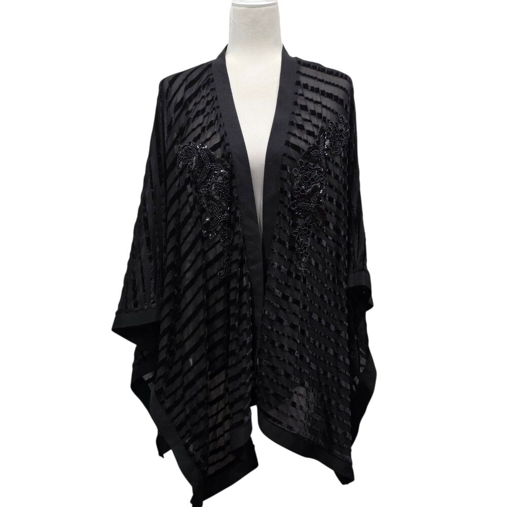 Colleen Lopez Black Velvet Burnout Beaded Kimono Wrap Floral NWT